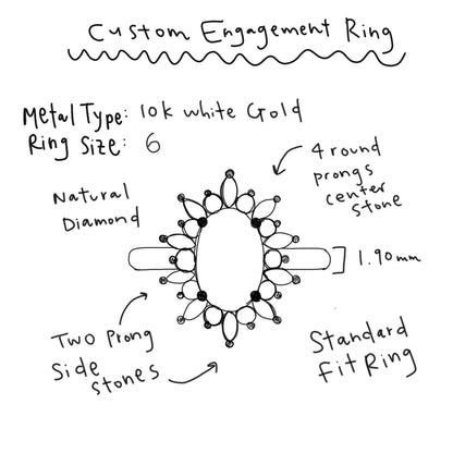 Designer's original concept sketch for the snowflake halo ring. The final ring was made in platinum 950 with natural diamonds