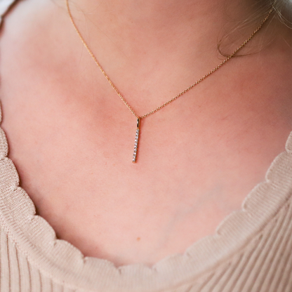 14K White Gold Round Natural Diamond Vertical Bar Pendant Necklace