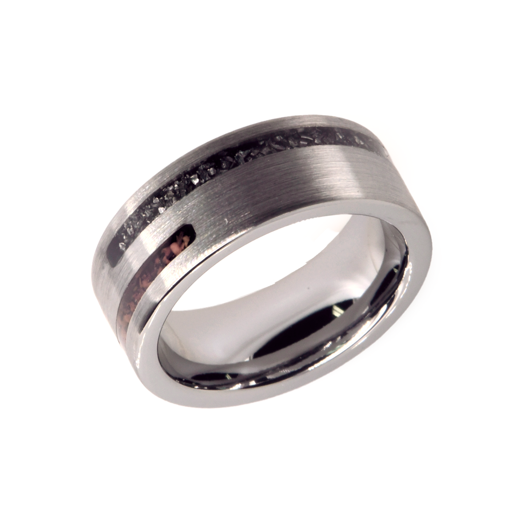 Silver Tungsten Carbide Wedding Band – Meteorite & Red Dinosaur
