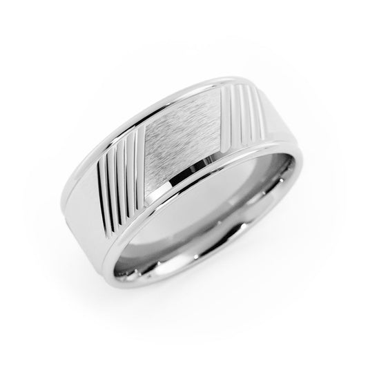 Platinum Satin Diagonal Groove 8mm Wedding Band