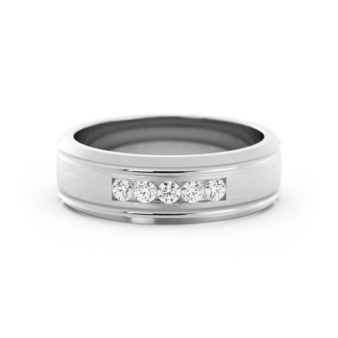 Platinum Round Lab Grown Diamond with Double Groove Wedding Band