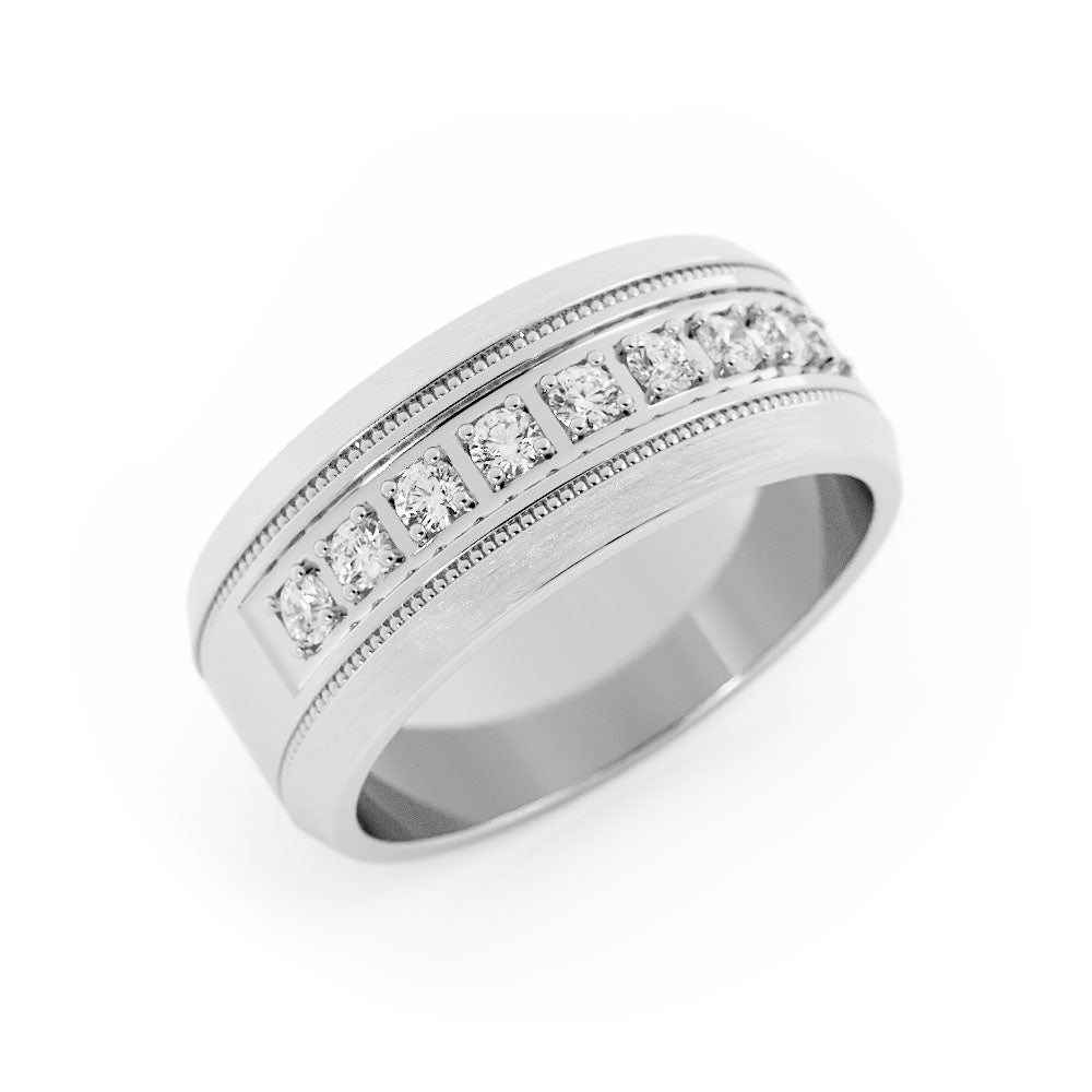 Platinum Round Lab Grown Diamond with Milgrain Wedding Band