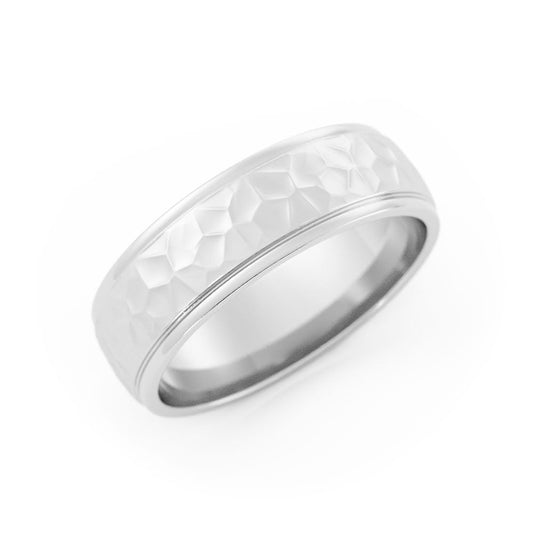 Platinum Hammered Domed Step-Down Edge 6mm Wedding Band