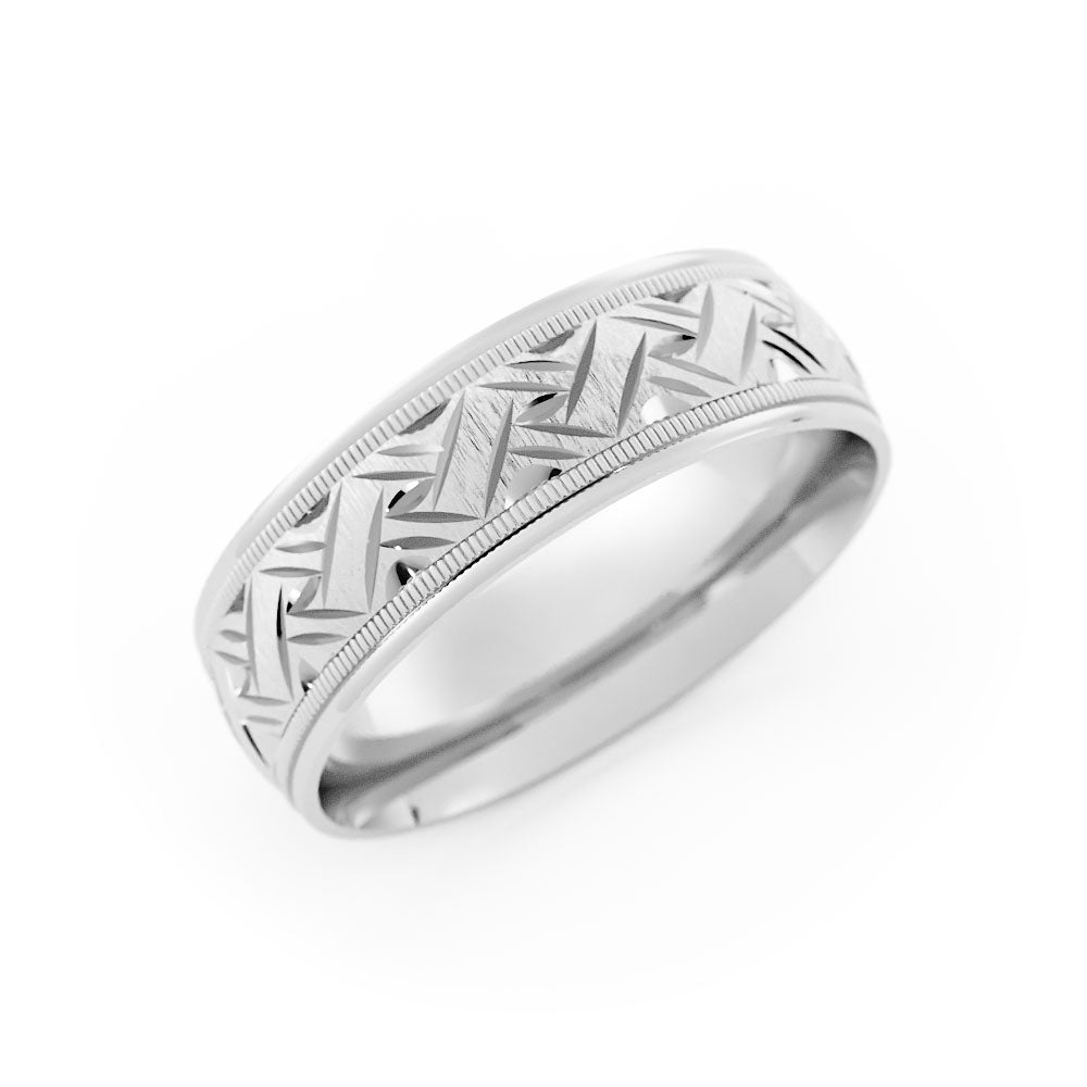 Platinum Rugged Sandblast Milgrain with Weave Pattern 6mm Wedding Band