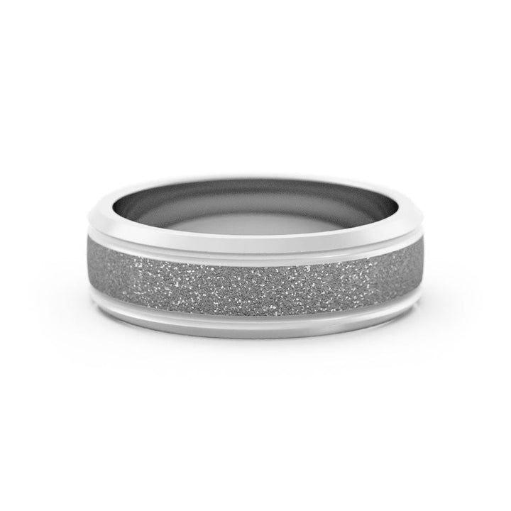 Platinum Rugged Sandblast Outside Groove with Beveled Edge 6mm Wedding Band
