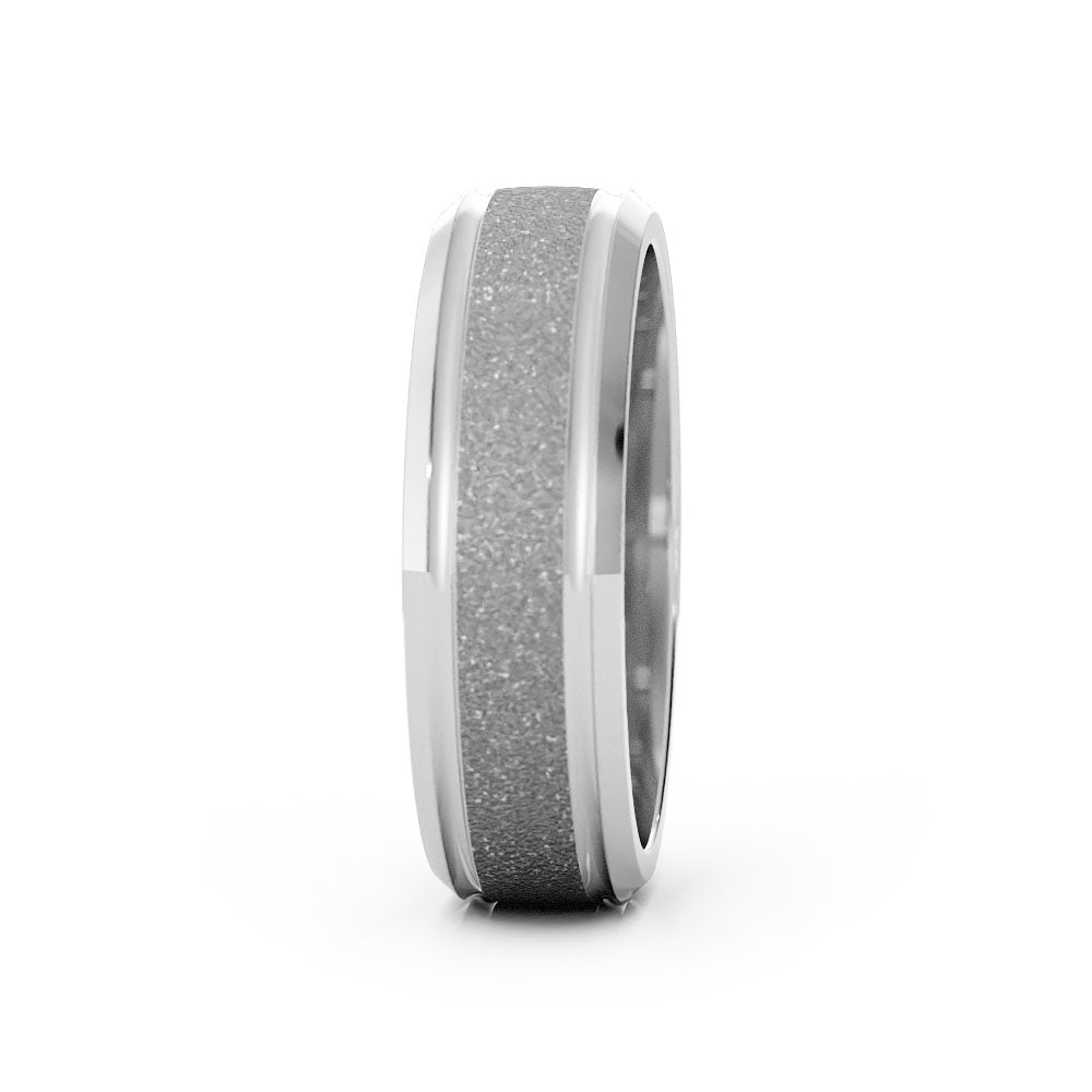 Platinum Rugged Sandblast Outside Groove with Beveled Edge 6mm Wedding Band