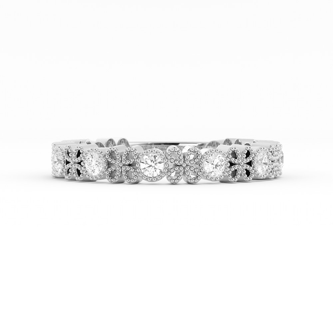 Platinum Round Three Quarter Petal and Milgrain Lab Grown Diamond Wedding Band
