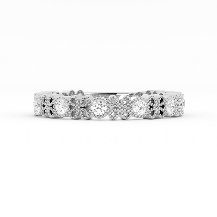Platinum Round Three Quarter Petal and Milgrain Lab Grown Diamond Wedding Band