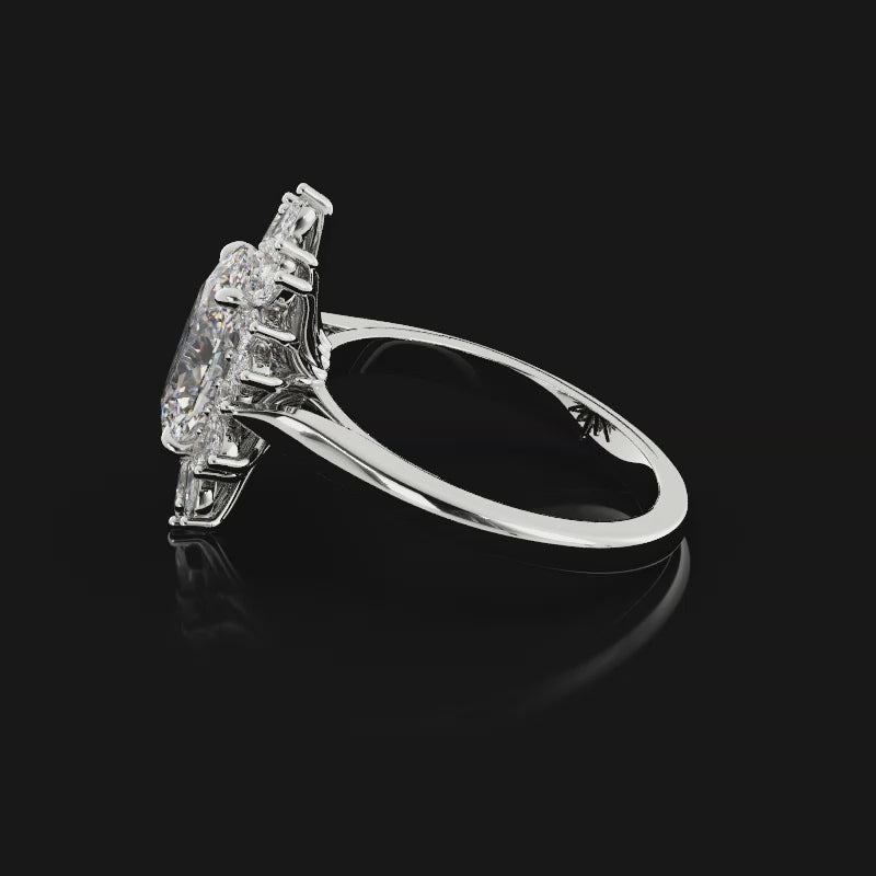 Turntable video of the custom platinum snowflake halo engagement ring showing every angle