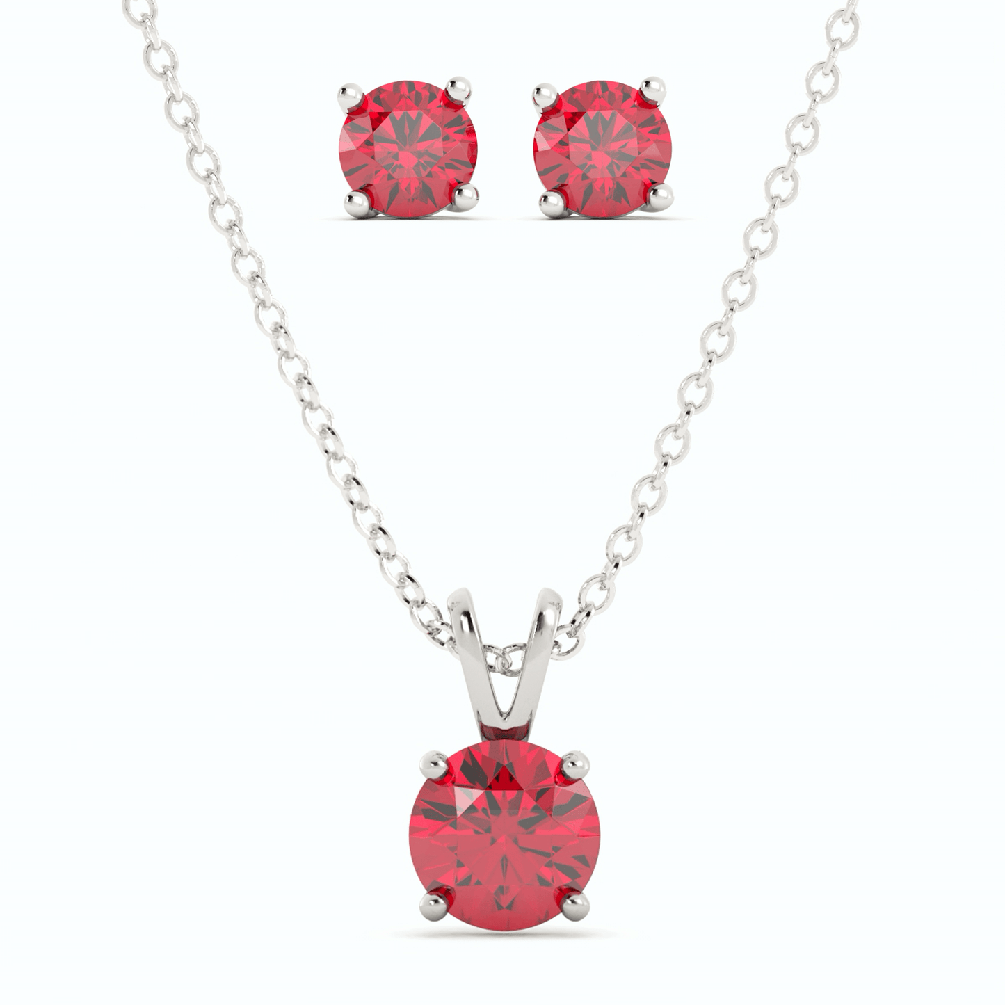 18K White Gold Plated Ruby Stud Earrings and Pendant Necklace Set
