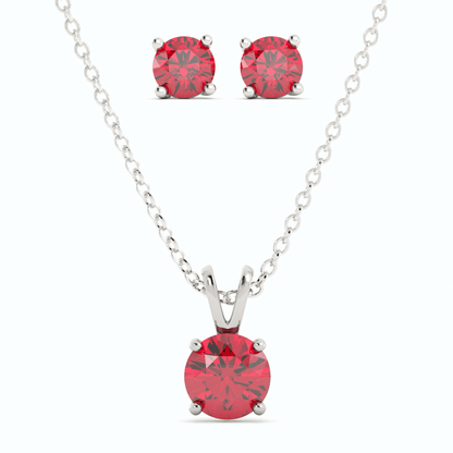 18K White Gold Plated Ruby Stud Earrings and Pendant Necklace Set