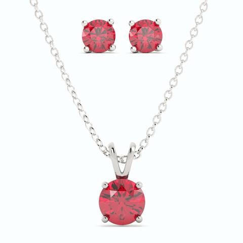 18K White Gold Plated Ruby Stud Earrings and Pendant Necklace Set