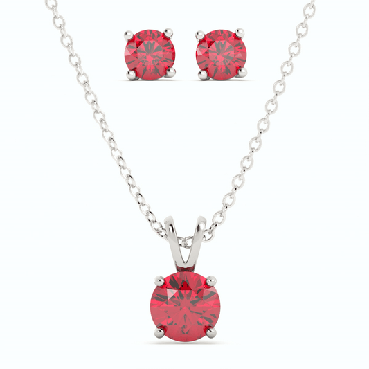 18K White Gold Plated Ruby Stud Earrings and Pendant Necklace Set
