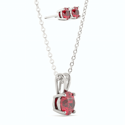 18K White Gold Plated Ruby Stud Earrings and Pendant Necklace Set