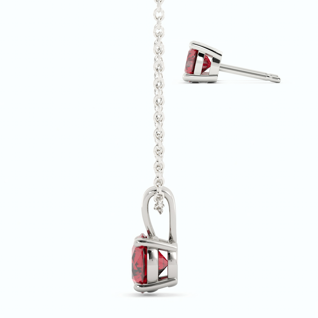 18K White Gold Plated Ruby Stud Earrings and Pendant Necklace Set