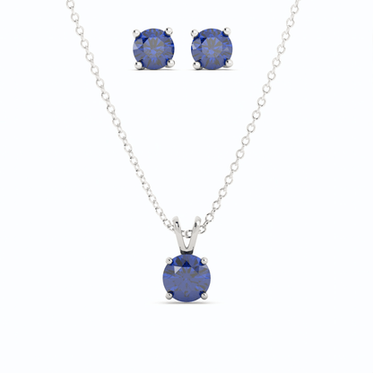 18K White Gold Plated Sapphire Stud Earrings and Pendant Necklace Set