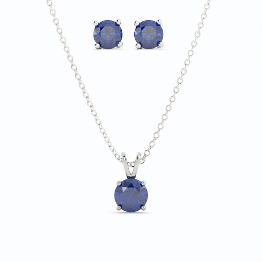 18K White Gold Plated Sapphire Stud Earrings and Pendant Necklace Set